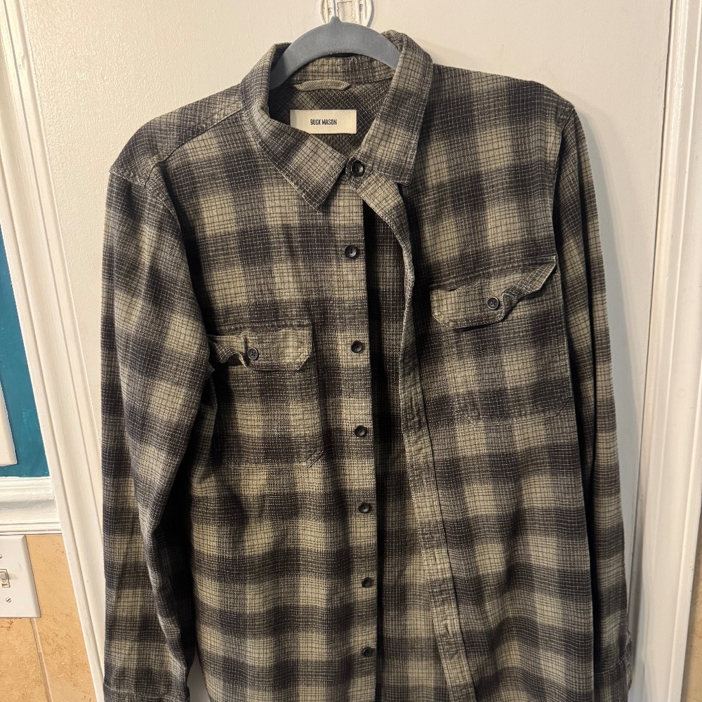 Buck Mason Black and Gray Plaid Casual Button Down Shirt